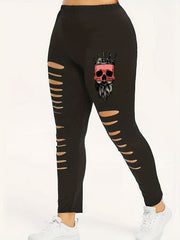  Halloween Skull Print Cut Out Elastic Leggings