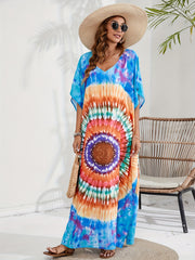  Boho Tie Dye Batwing Sleeve V Neck Maxi Cover Up