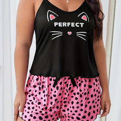  Cat & Letter Print Cami Top & Bow Shorts Pajama Set