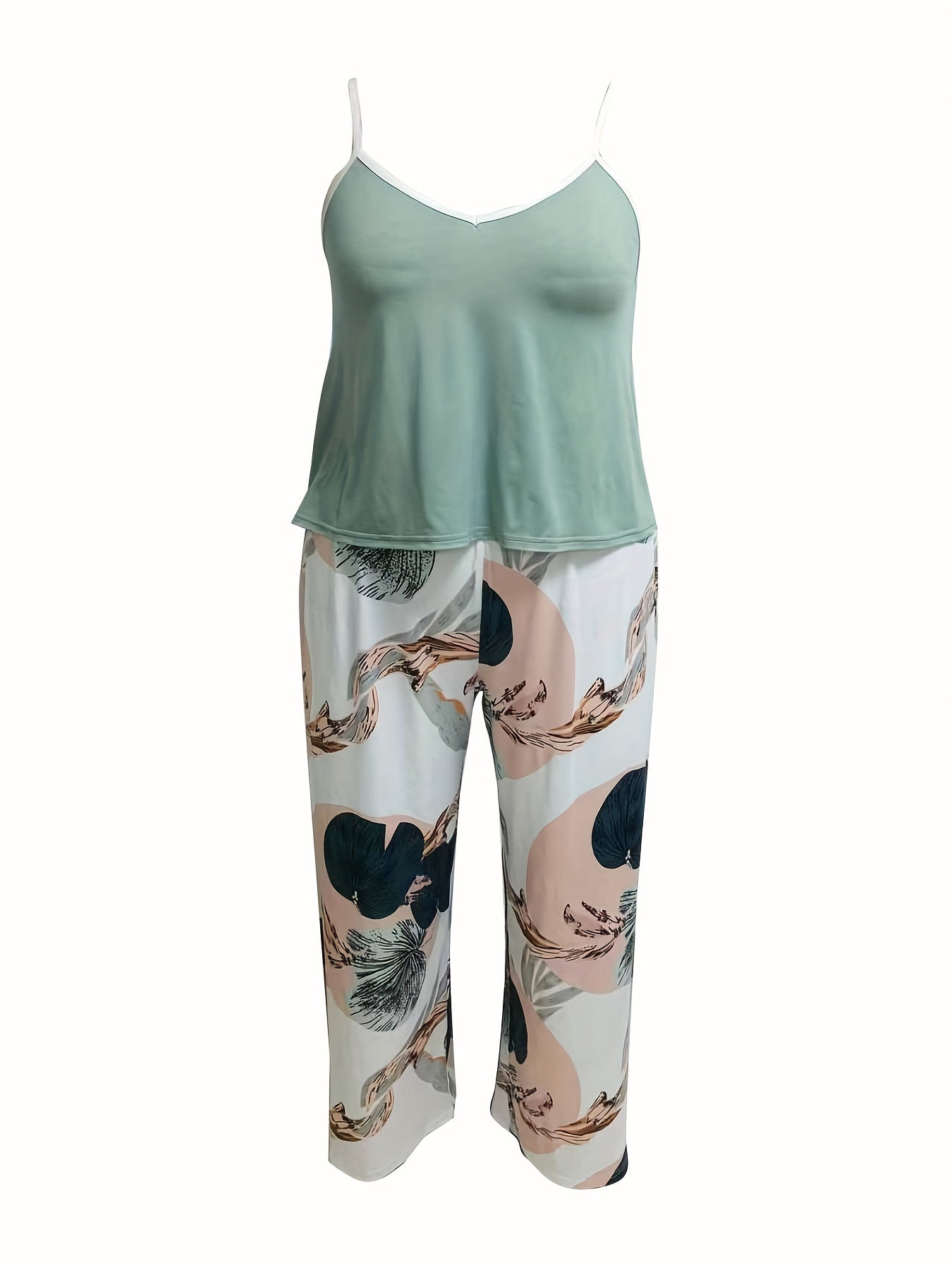  V Neck Cami Top & Tropical Print Pants Set