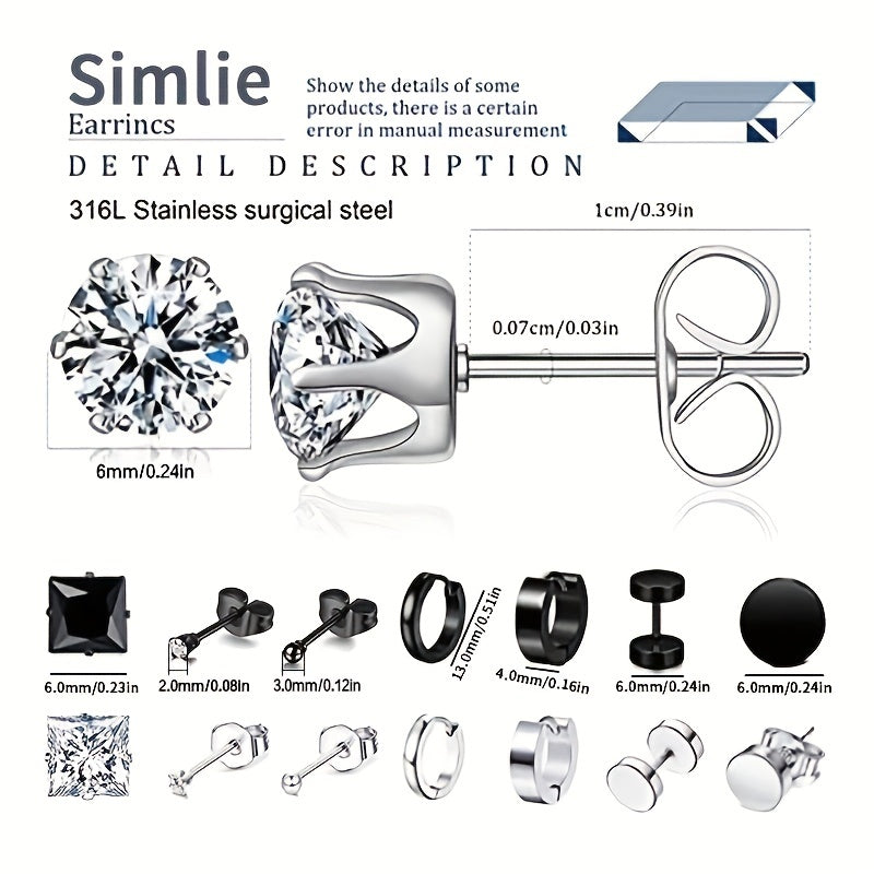 24pcs Men's Punk Stainless Steel Earrings Set