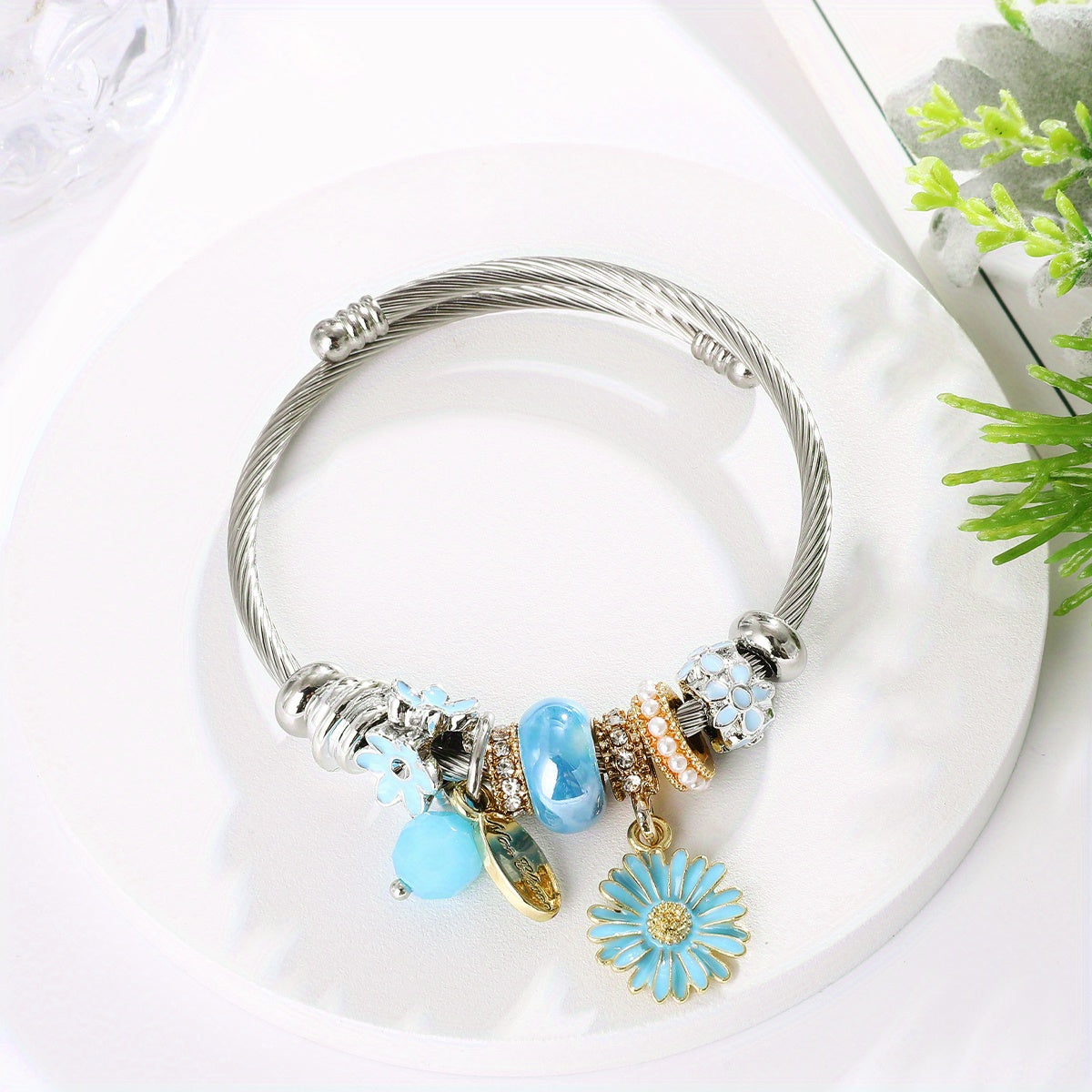 Small Daisy Charm Beaded Bangle Bracelet for Girls