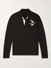 Bird Pattern Knit Polo Shirt Men's Casual Lapel Sweater