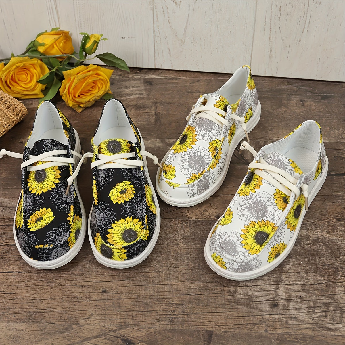 Women's Sunflower Pattern Round Toe Canvas Slip-On Walking Shoes