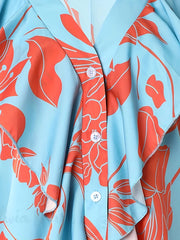  Floral Print Ruffle Sleeve V Neck Blouse