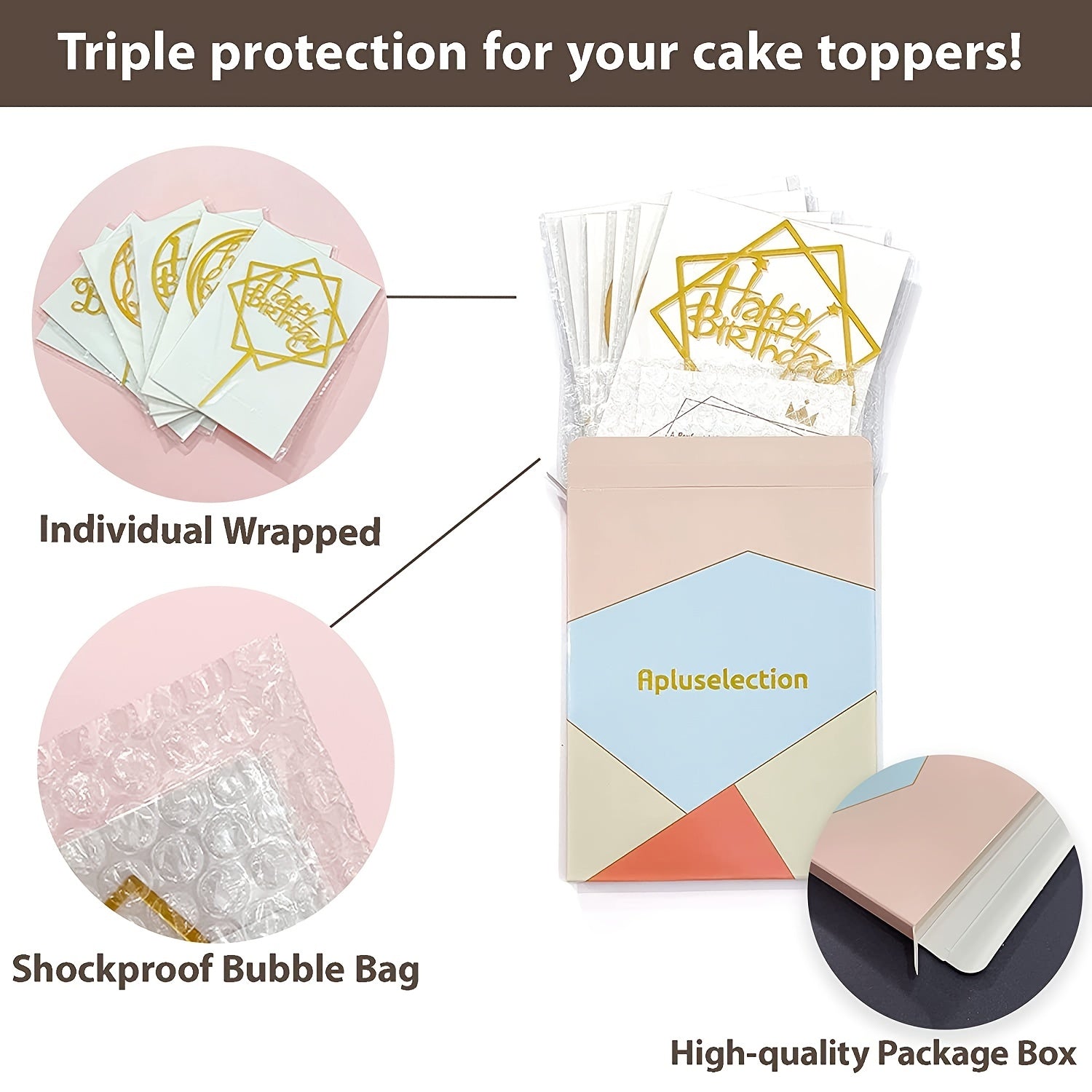 6pc Golden Happy Birthday Cake Toppers Acrylic Decorations