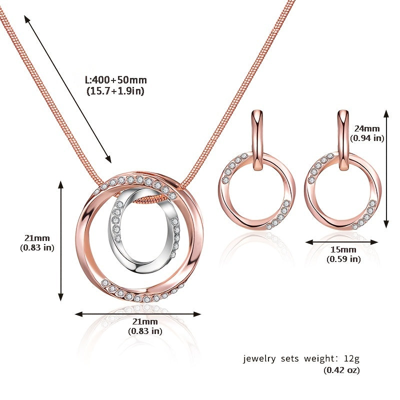 Circle Jewelry Set Inlaid Rhinestones Pendant Necklace & Dangle Earrings