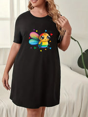  Bee & Heart Print Nightdress Round Neck Short Sleeve Sleep Dress