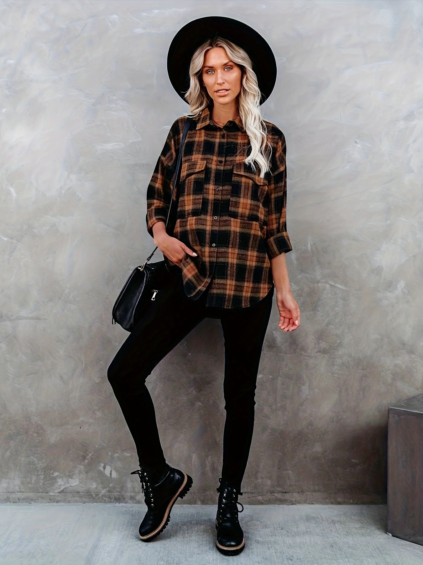  Plaid Print Long Sleeve Button Up Tunic Shirt Top