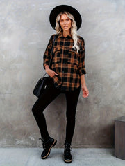  Plaid Print Long Sleeve Button Up Tunic Shirt Top