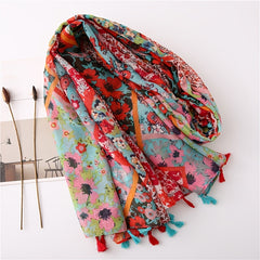 Geometric Tassel Turban Scarf Lightweight Floral Printed Scarf