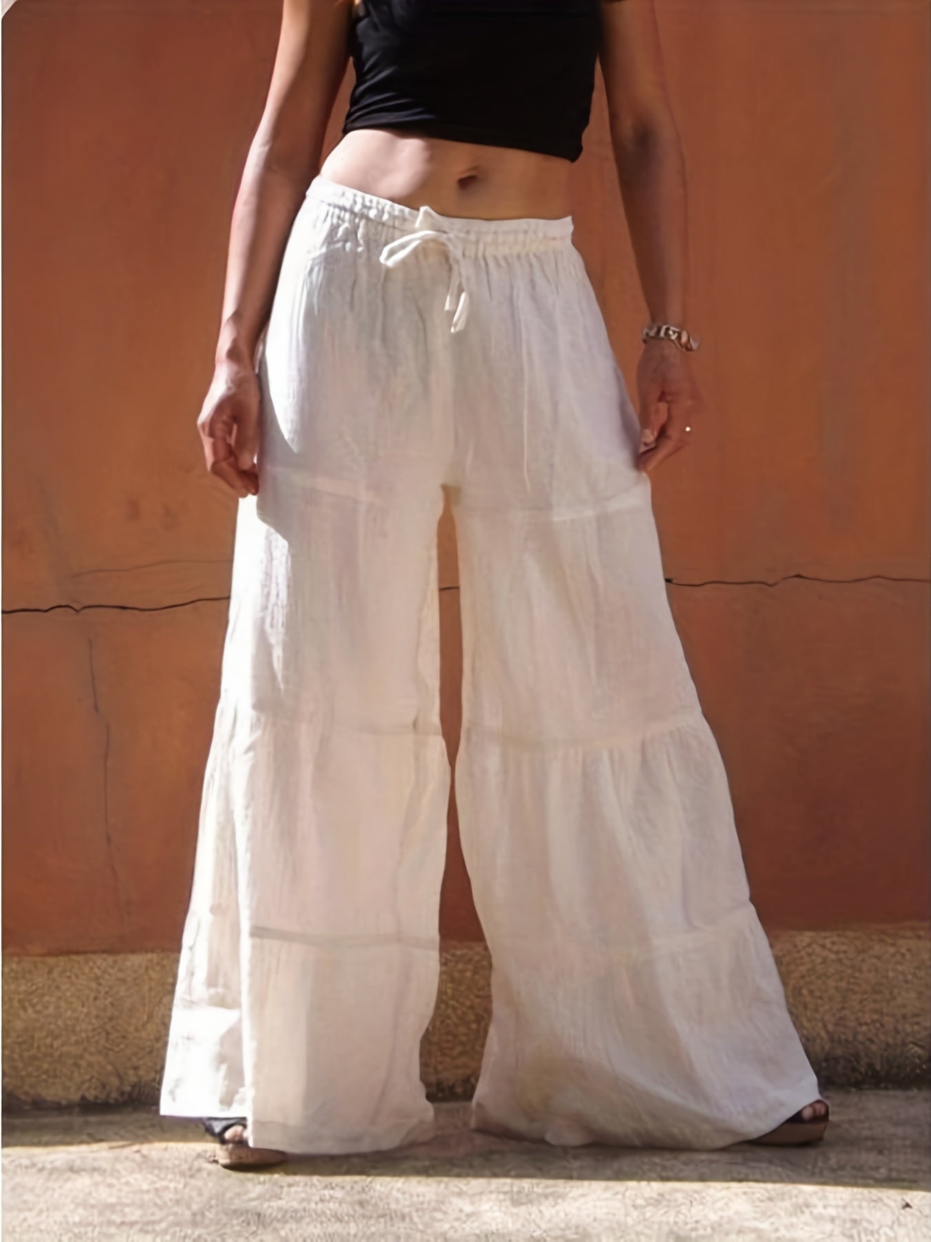  Solid Elastic High Rise Wide Leg Trousers
