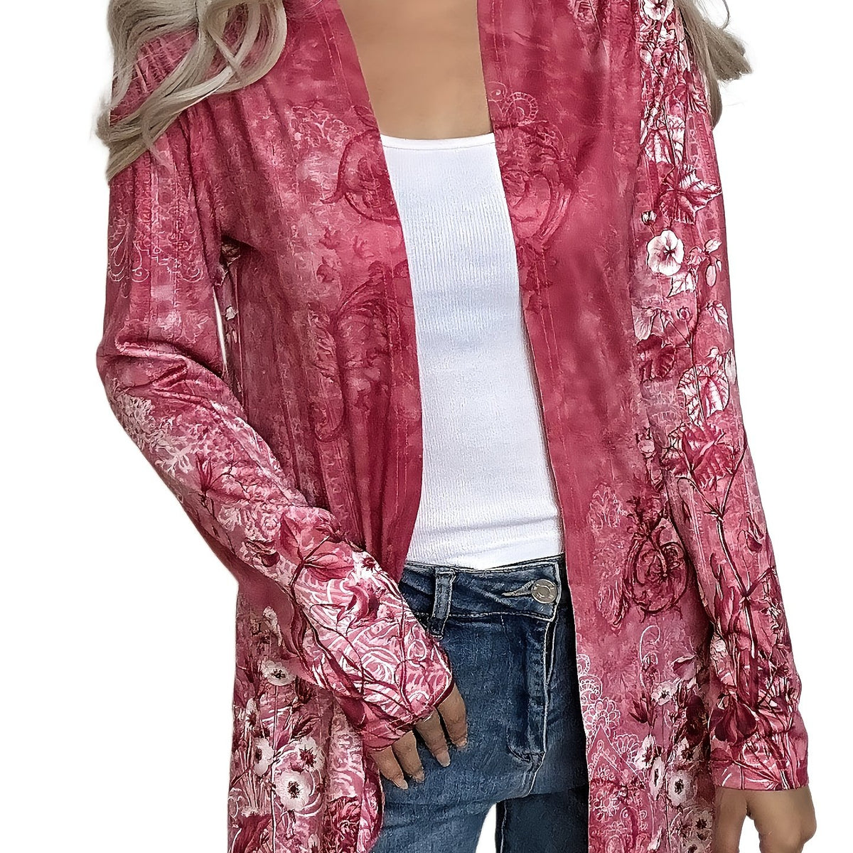  Floral Print Long Sleeve Open Front Cardigan