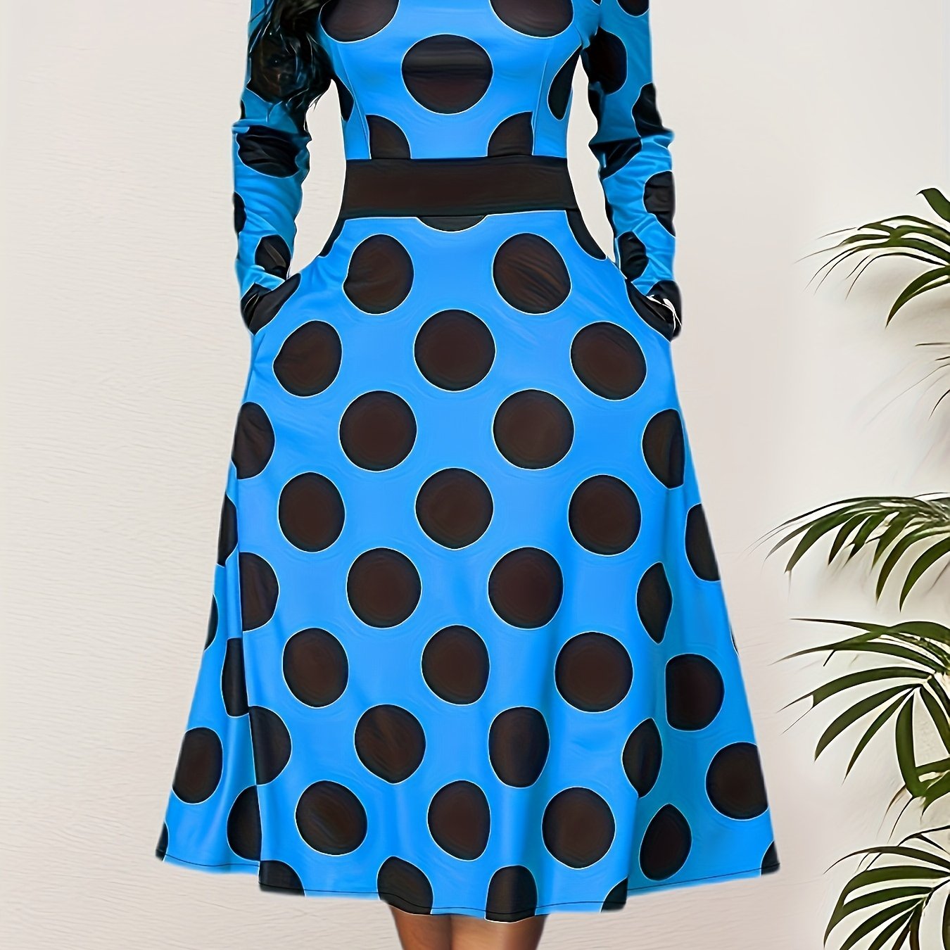 Polka Dot Print Long Sleeve Dress With Pockets