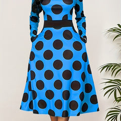  Polka Dot Print Long Sleeve Dress With Pockets