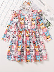 Girls Kitty Ruffle Long Sleeve Dress for Spring and Autumn