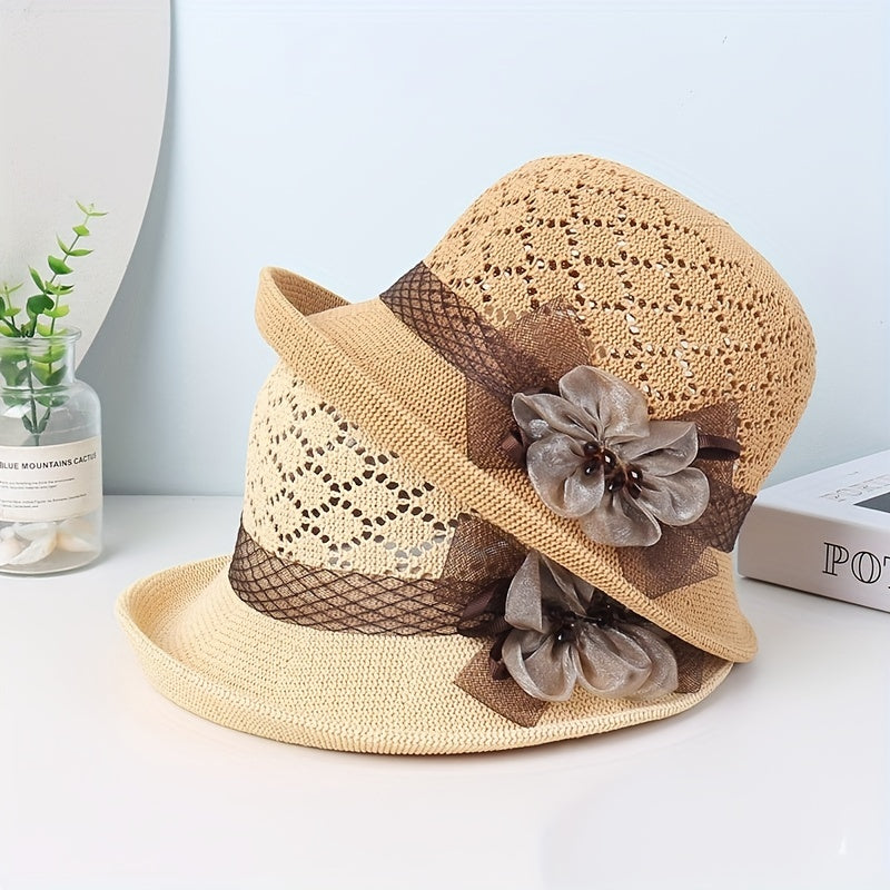 Knitted Bucket Hat Flower Decor Basin Hat Casual Travel Beach Hats