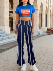  Women's Striped Print Flare Leg Trousers