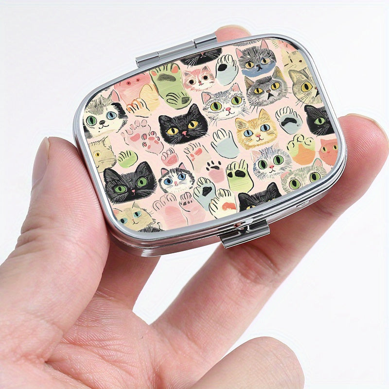 Whimsical Cat Square Pill Box Dual Compartments Compact Portable Travel Outdoor