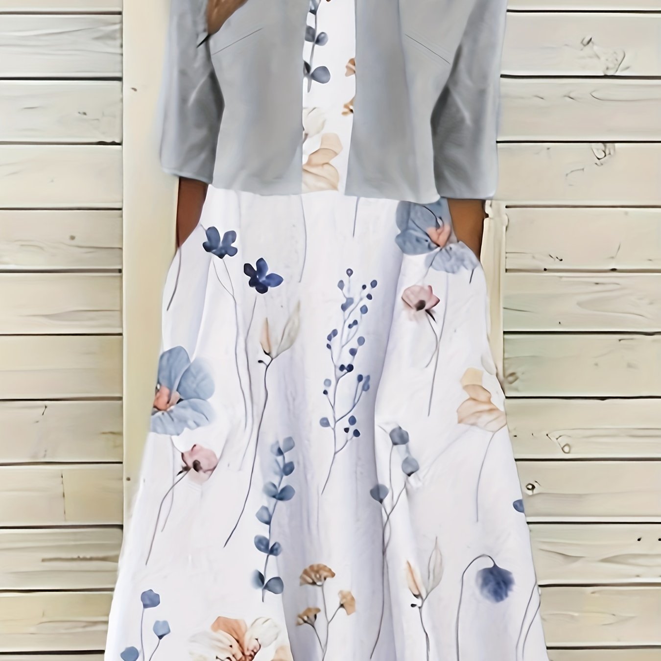Spring & Summer Two Piece Set Floral Print Midi Dress & Solid Open Front Top