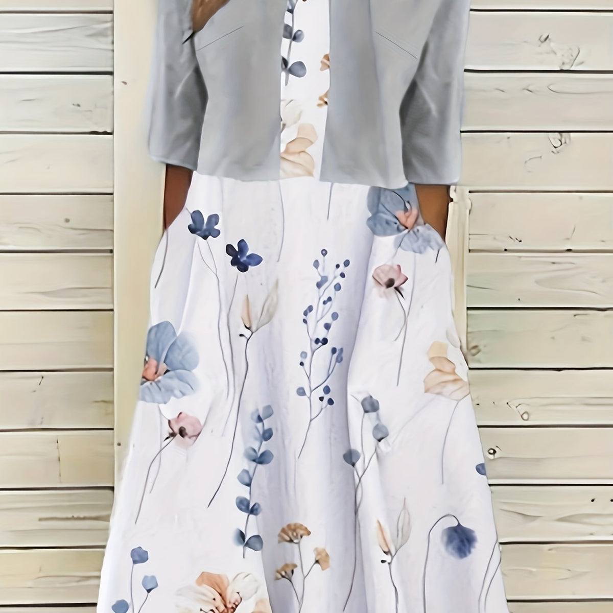 Spring & Summer Two Piece Set Floral Print Midi Dress & Solid Open Front Top
