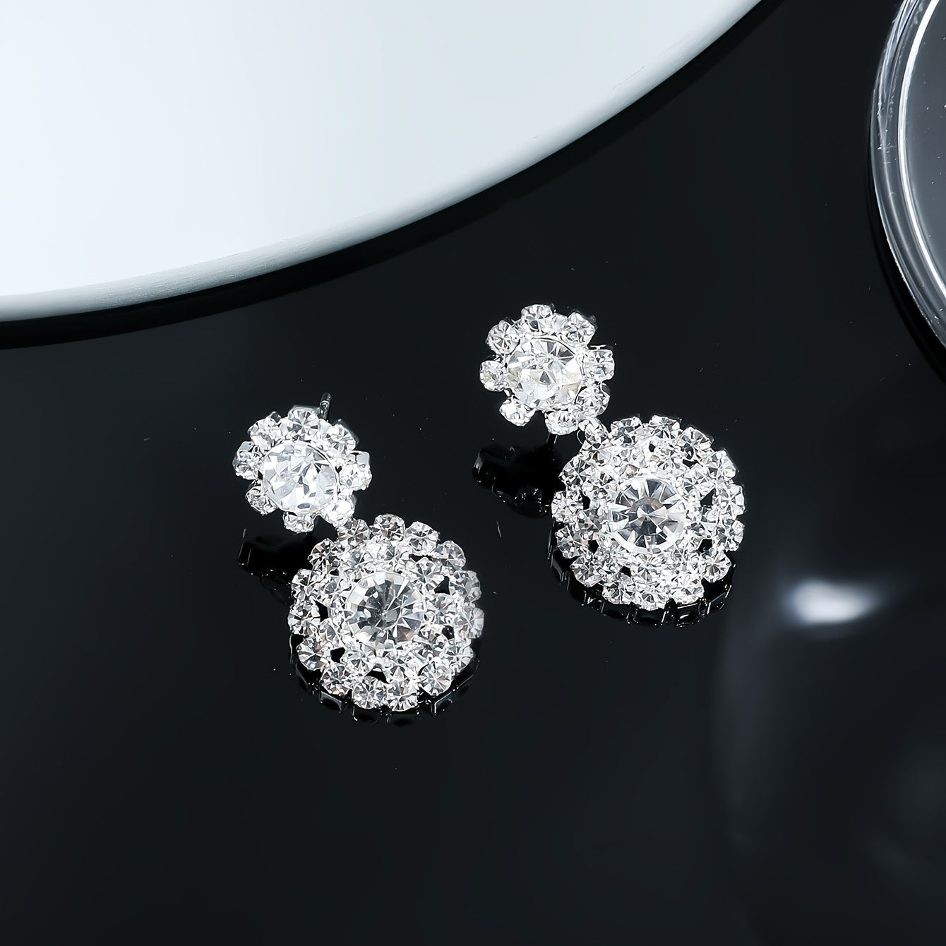 Sparkling Zircon Floral Dangle Earrings Retro Style Silver Plated Jewelry