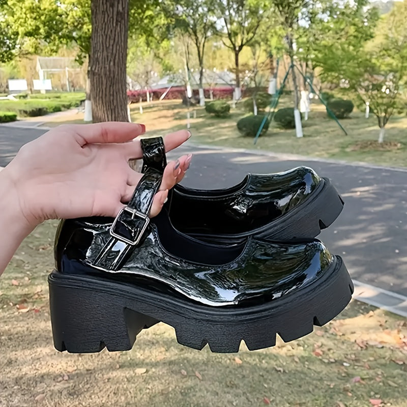 Women's Chunky Heeled Mary Jane Round Toe Patent Leather Loafers