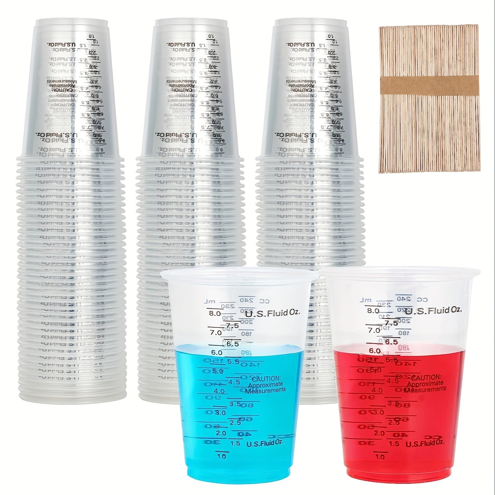 Plastic Measuring Cups 8 Oz Disposable Mixing Cups with Wooden Mixing Sticks
