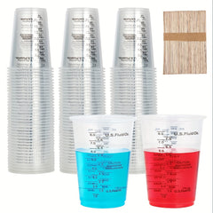 Plastic Measuring Cups 8 Oz Disposable Mixing Cups with Wooden Mixing Sticks