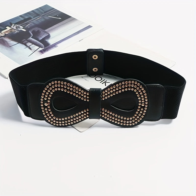 Vintage 8 Shaped Rivet Buckle Belt Elastic PU Leather Wide Belt