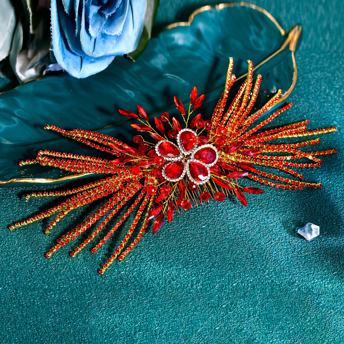 Red Rhinestone Bridal Hair Comb Bridesmaid Headpiece