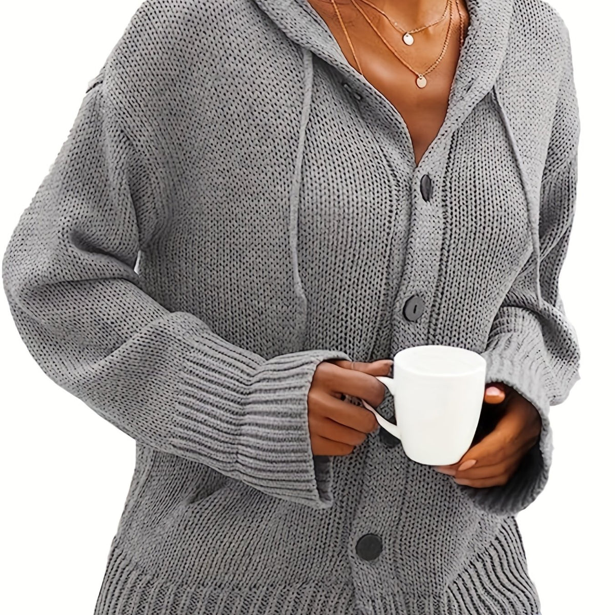 Solid Button Front Hooded Cardigan Casual Long Sleeve Cardigan