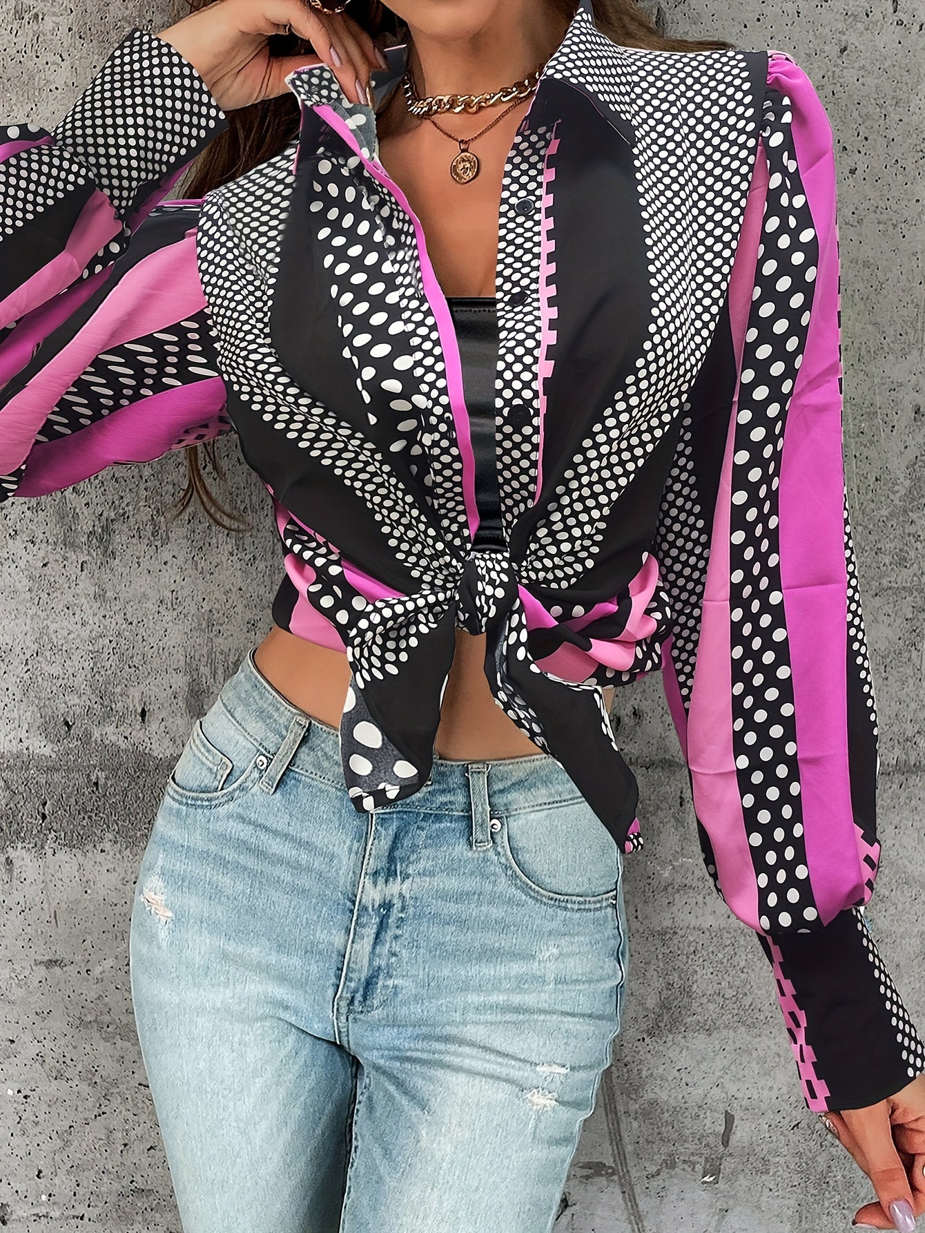  Colorblock Dot Print Button Up Lantern Sleeve Blouse