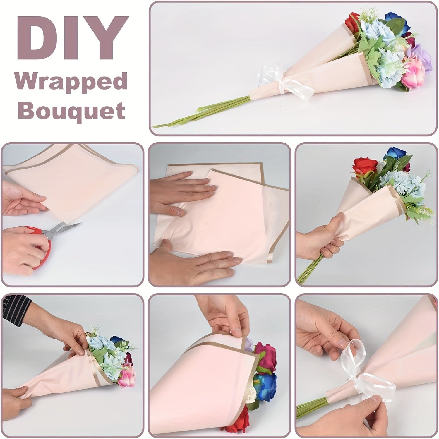 20 Sheets Pink Waterproof Floral Wrapping Paper Golden Edge Bouquet Gift Packagi
