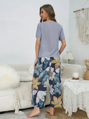 Floral Print Pajama Set Short Sleeve Crew Neck Top & Bow Pants