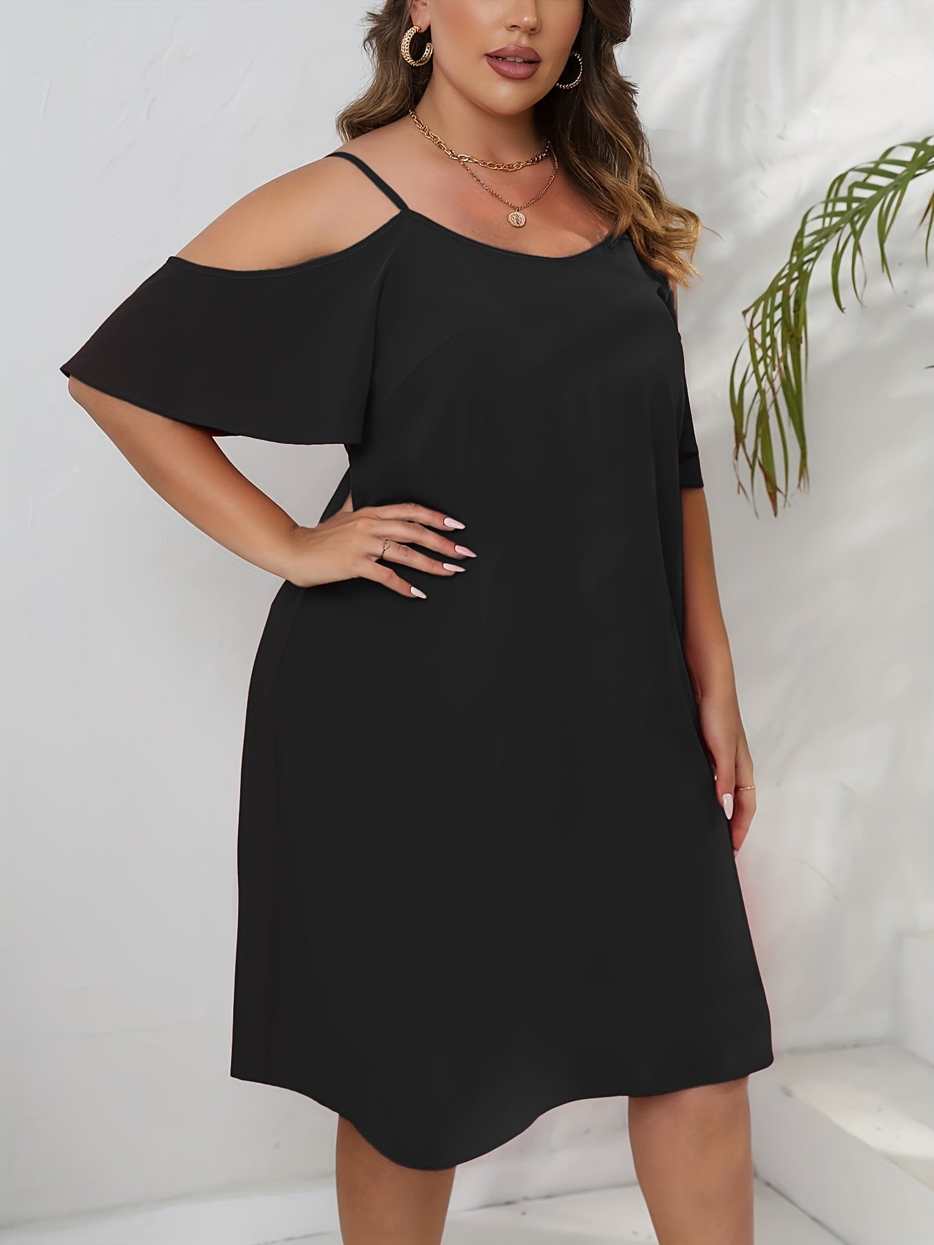  Solid Cold Shoulder Casual Dress Round Neck