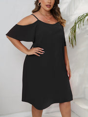  Solid Cold Shoulder Casual Dress Round Neck