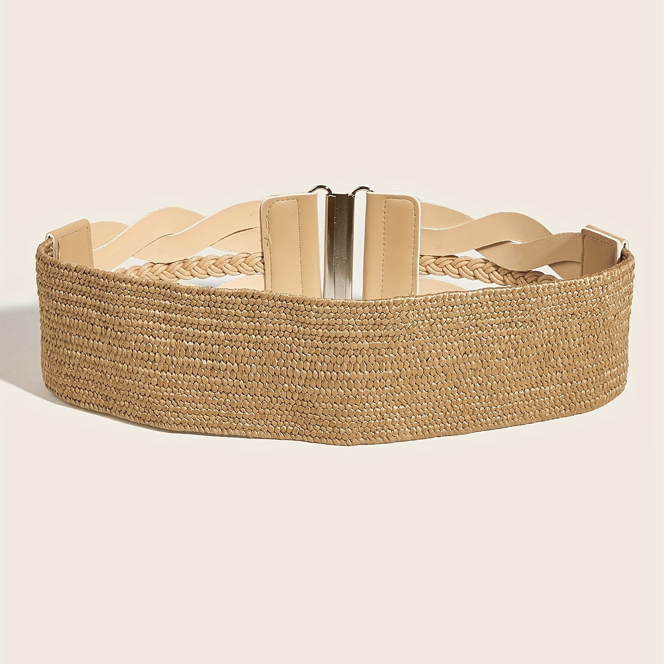 Beige Elastic PU Waistband Hollow Out Braided Wide Belt