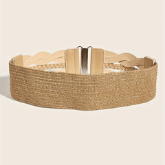 Beige Elastic PU Waistband Hollow Out Braided Wide Belt
