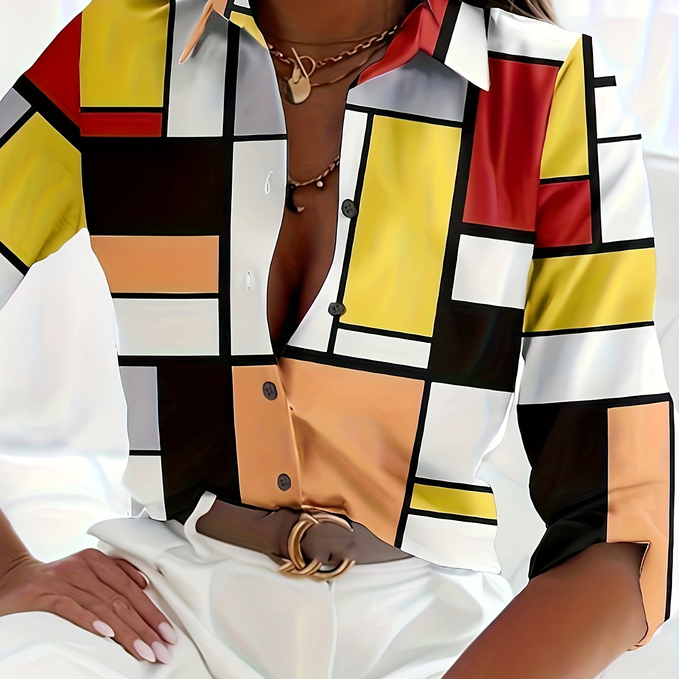  Geo Print 3/4 Sleeve Button Up Shirt