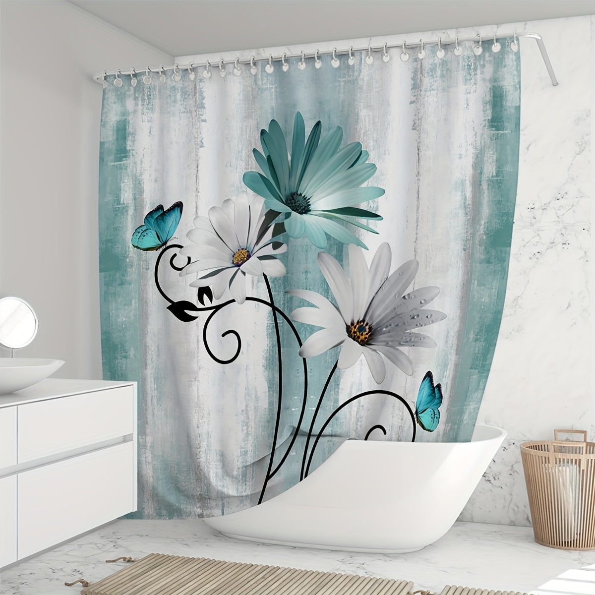 Waterproof Shower Curtain with Flower Pattern Bathroom Rug Set