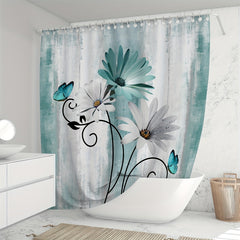 Waterproof Shower Curtain with Flower Pattern Bathroom Rug Set