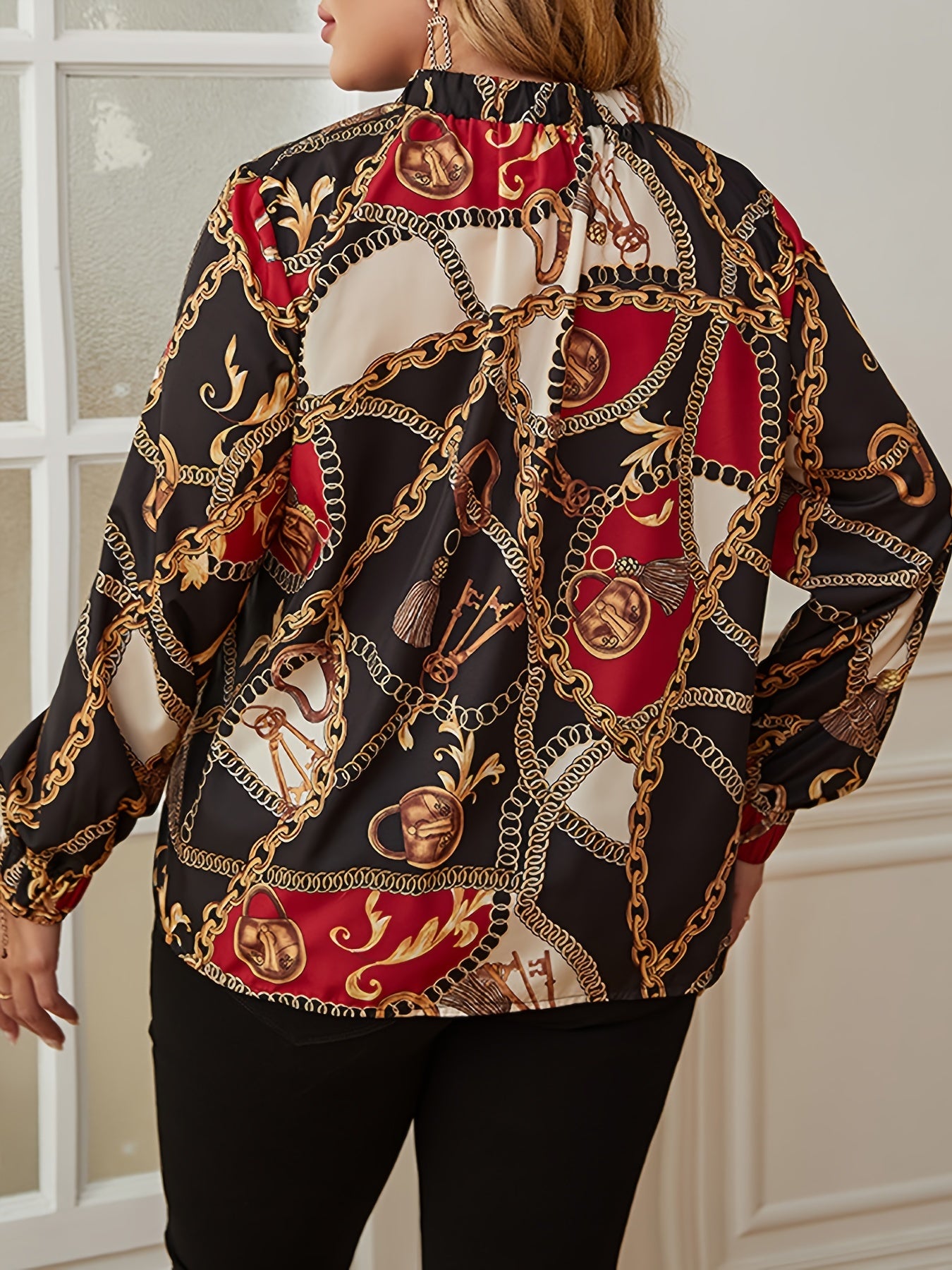  Blouse Paisley Print Long Sleeve High Neck Knot Shirt