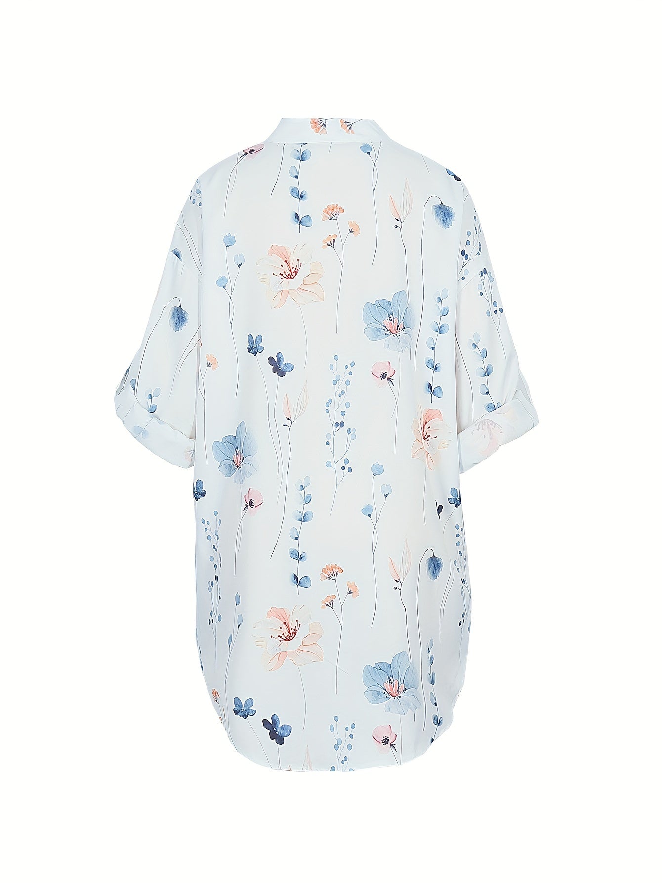 Floral Print Button Up Long Sleeve Tunic Shirt