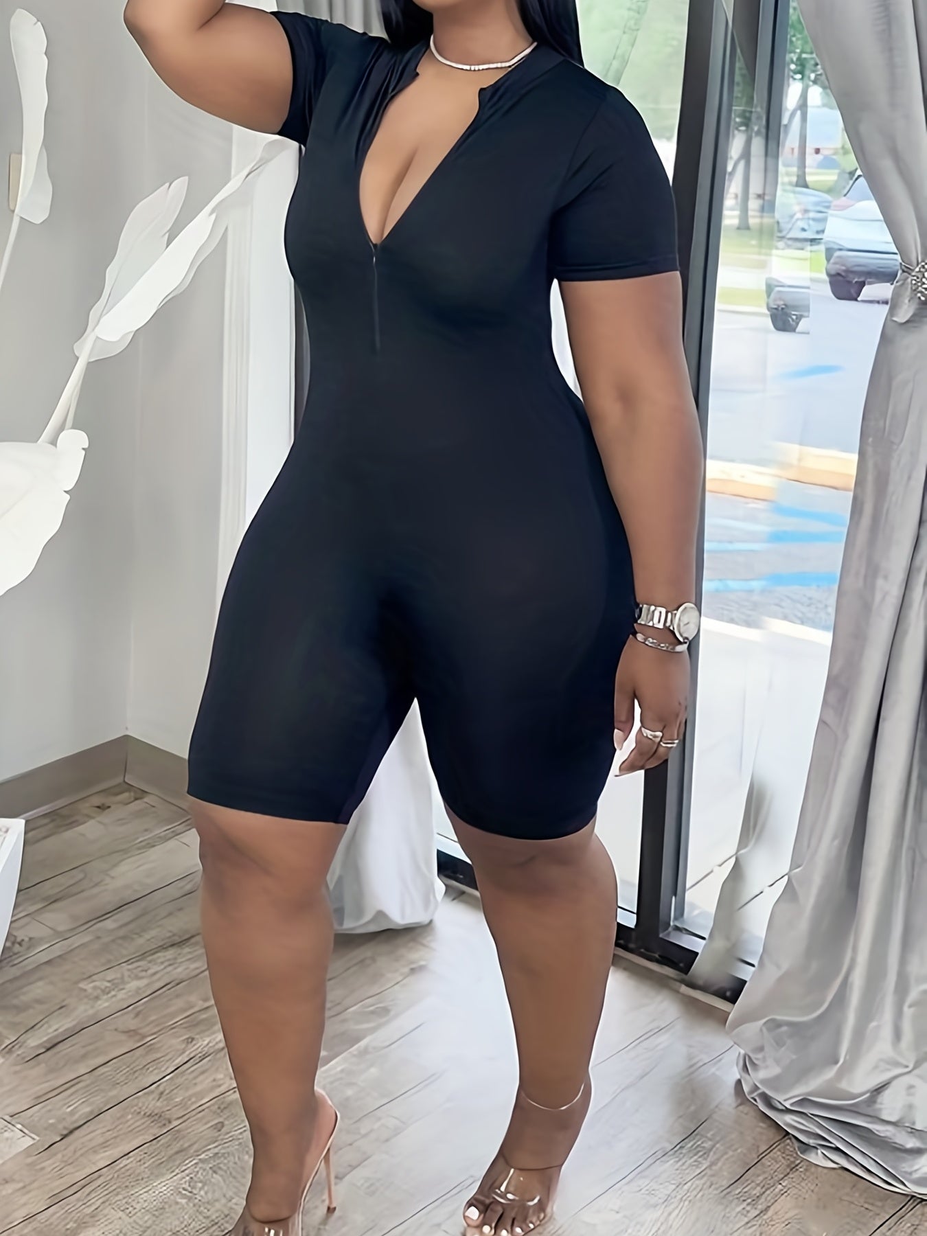  Casual Romper Women's Plus Solid Zip Up Short Sleeve