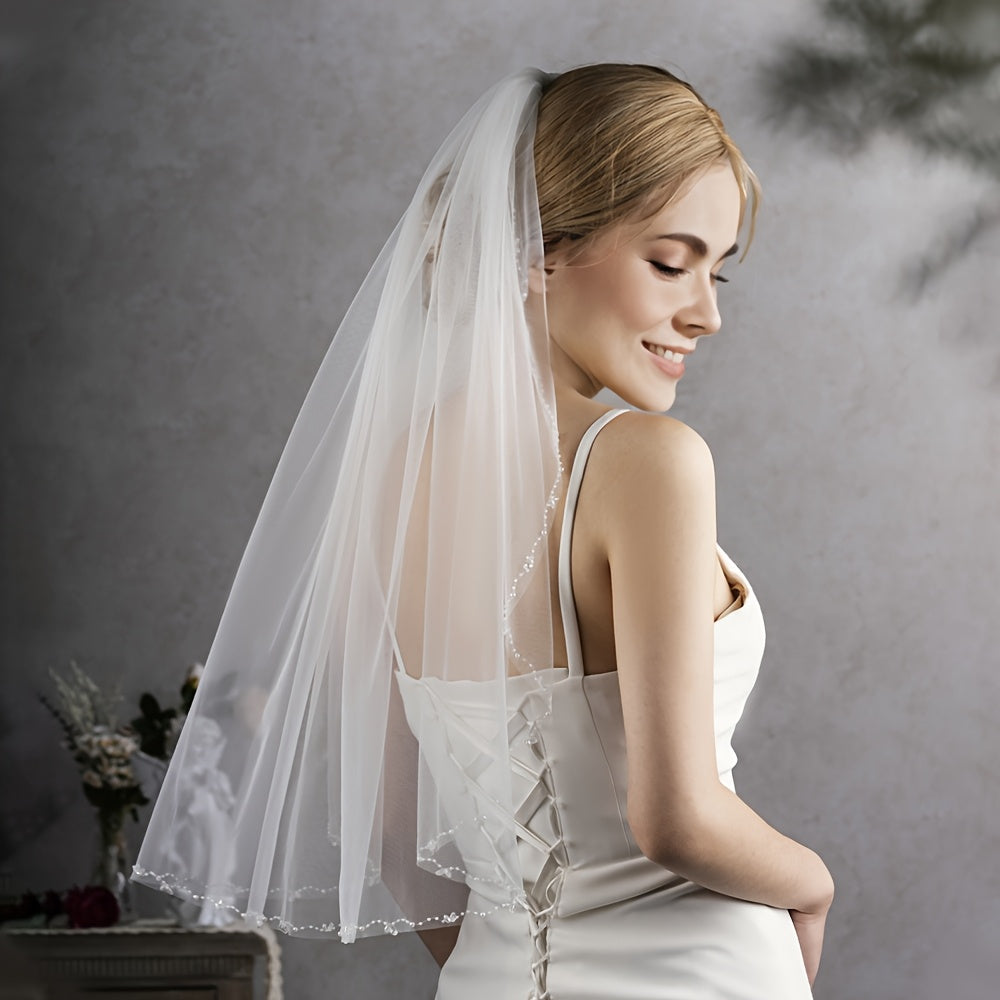 Romantic Beaded Sheer Tulle Bridal Veil for Brides