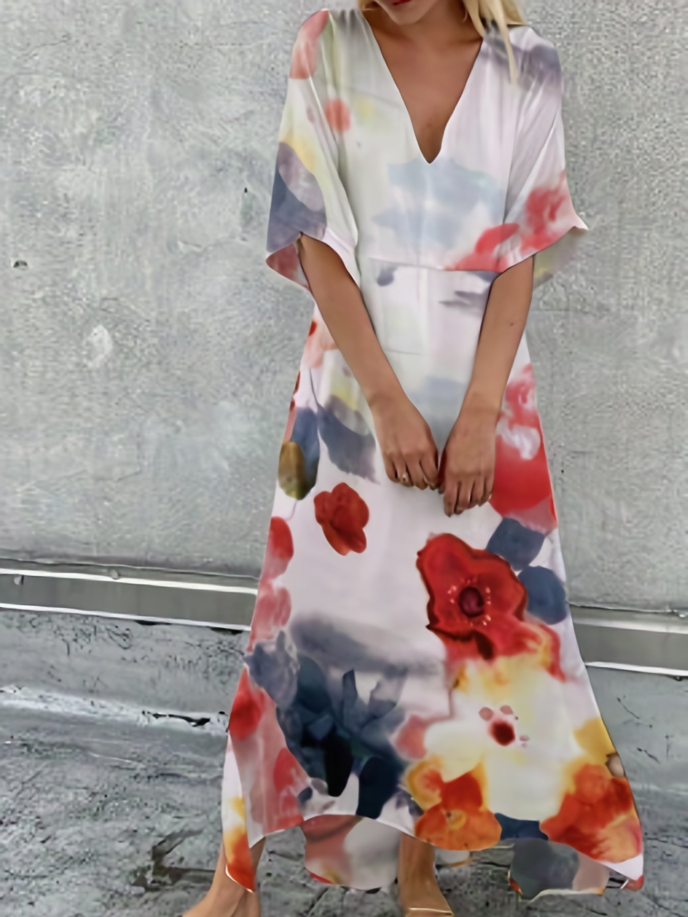 Women's Plus Tie Dye Batwing Sleeve V Neck Loose Fit Maxi Dress
