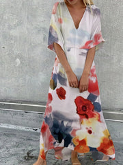 Women's Plus Tie Dye Batwing Sleeve V Neck Loose Fit Maxi Dress