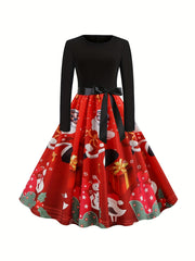  Colorblock Graphic Print Long Sleeve Round Neck Dress