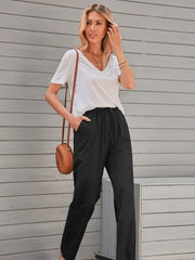 Drawstring Straight Leg Pants Casual Solid Elastic Waist Pocket Loose Pants